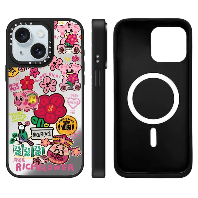 For iPhone 15 Plus Rich Flower Series Pattern Mirror Magnetic Phone Case