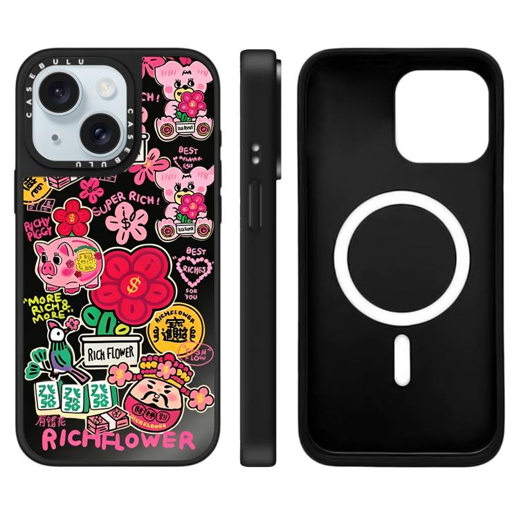 For iPhone 15 Rich Flower Series Pattern Mirror Magnetic Phone Case