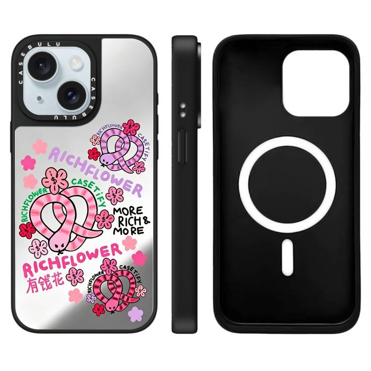 For iPhone 15 Rich Flower Series Pattern Mirror Magnetic Phone Case
