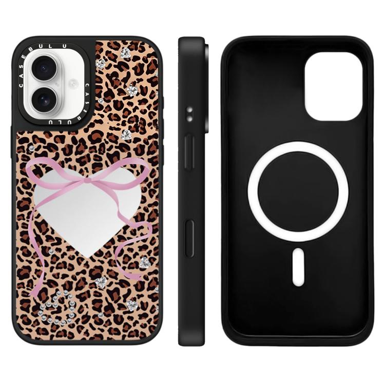 For iPhone 16 Plus Leopard Cherry Series Pattern Mirror Magnetic Phone Case