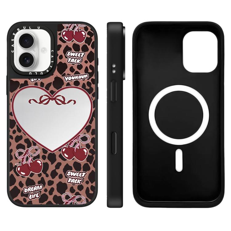 For iPhone 16 Plus Leopard Cherry Series Pattern Mirror Magnetic Phone Case