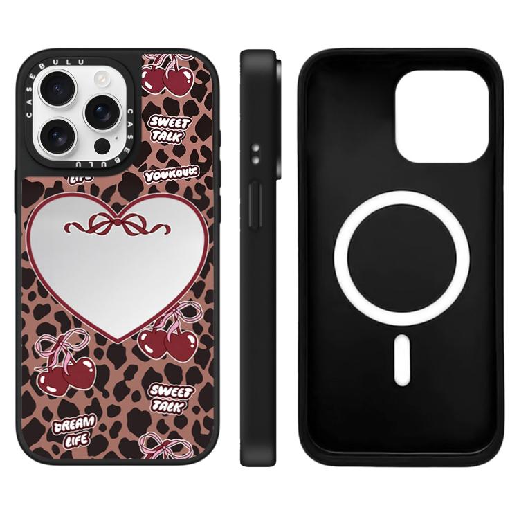 For iPhone 15 Pro Max Leopard Cherry Series Pattern Mirror Magnetic Phone Case