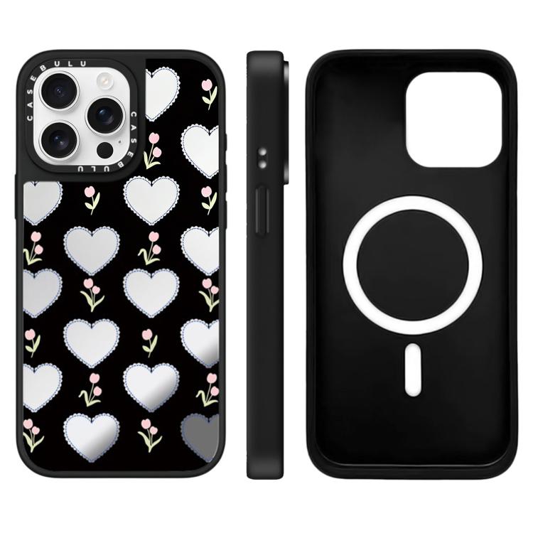 For iPhone 15 Pro Max Leopard Cherry Series Pattern Mirror Magnetic Phone Case