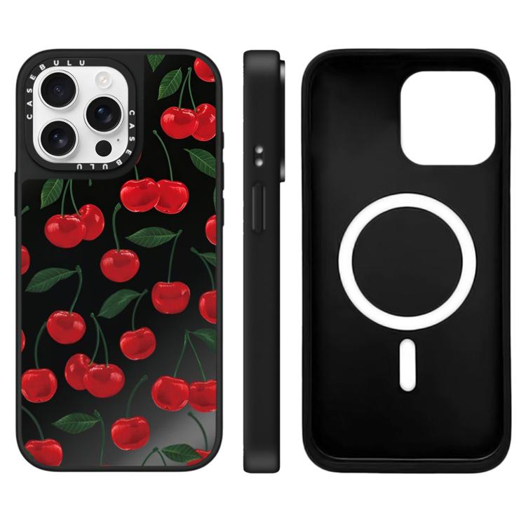 For iPhone 15 Pro Max Leopard Cherry Series Pattern Mirror Magnetic Phone Case