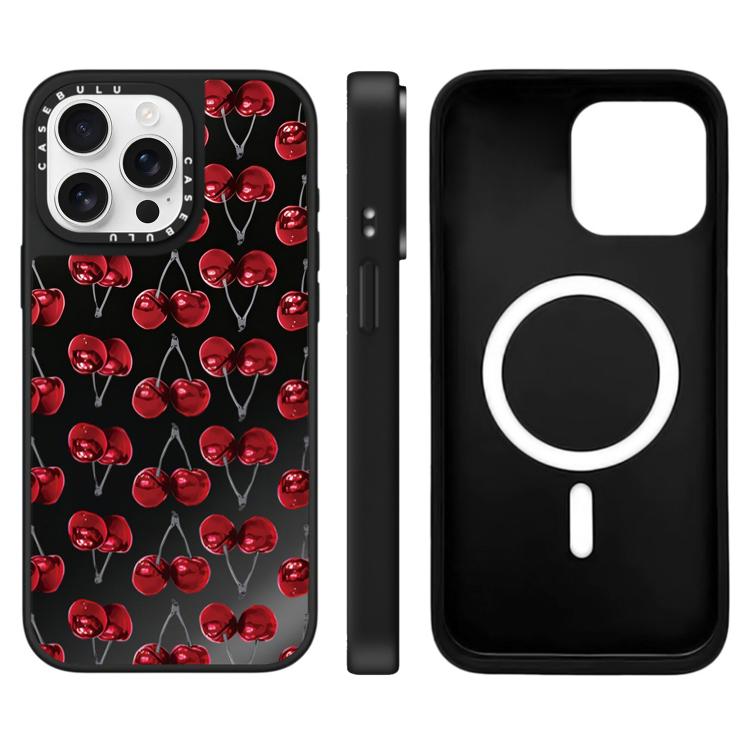 For iPhone 15 Pro Leopard Cherry Series Pattern Mirror Magnetic Phone Case