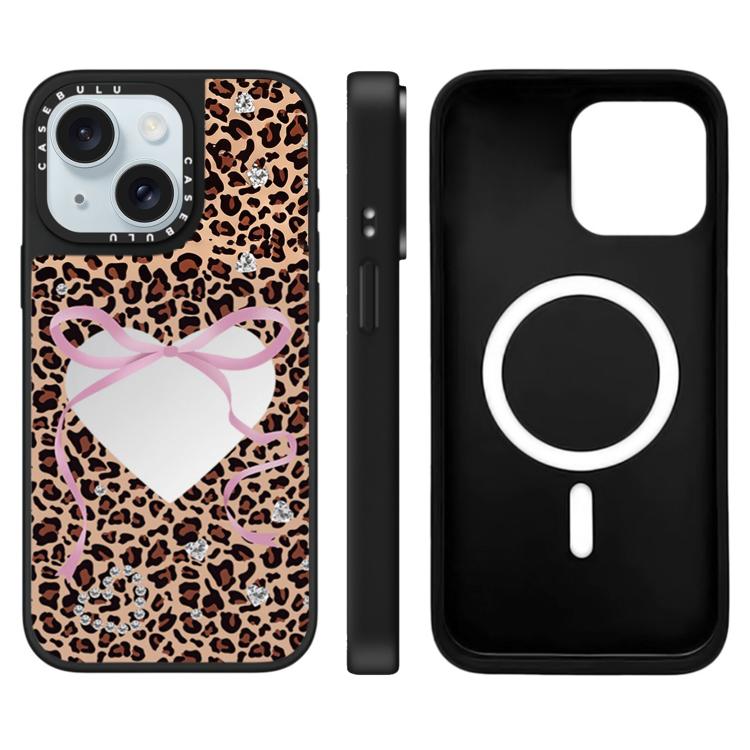For iPhone 15 Leopard Cherry Series Pattern Mirror Magnetic Phone Case