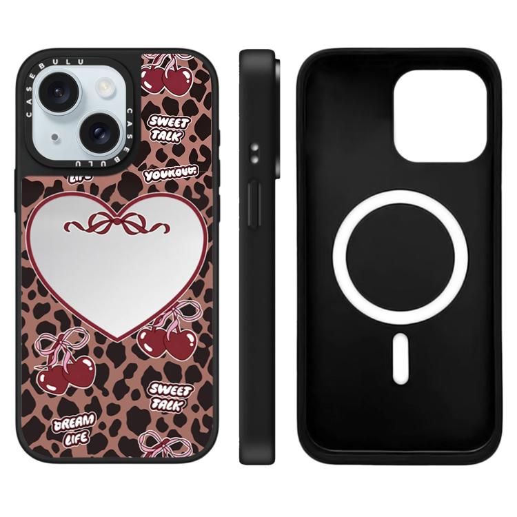 For iPhone 15 Leopard Cherry Series Pattern Mirror Magnetic Phone Case