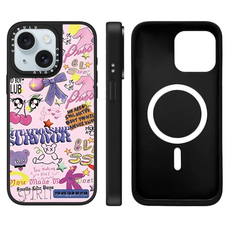 For iPhone 15 Leopard Cherry Series Pattern Mirror Magnetic Phone Case