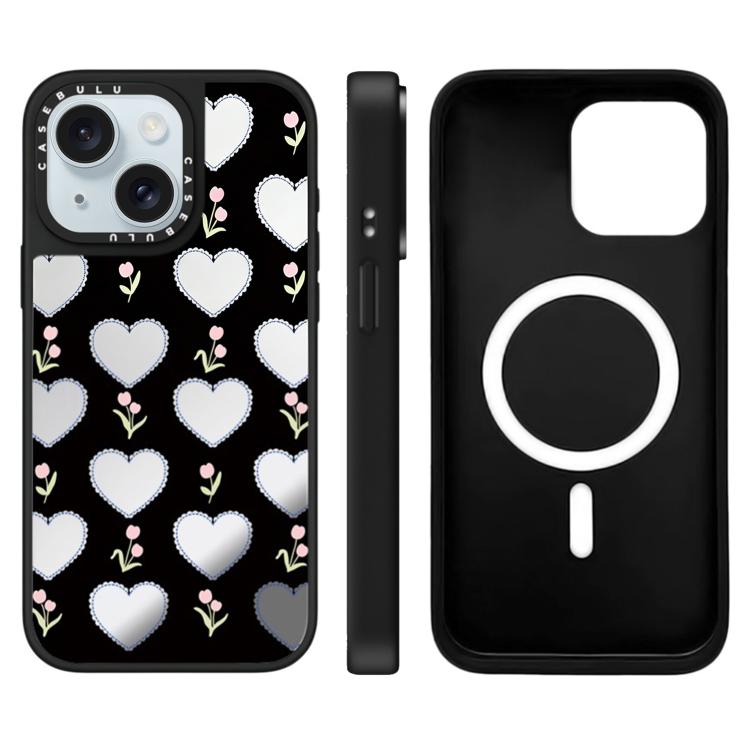For iPhone 15 Leopard Cherry Series Pattern Mirror Magnetic Phone Case
