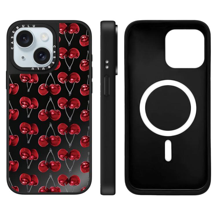 For iPhone 15 Leopard Cherry Series Pattern Mirror Magnetic Phone Case