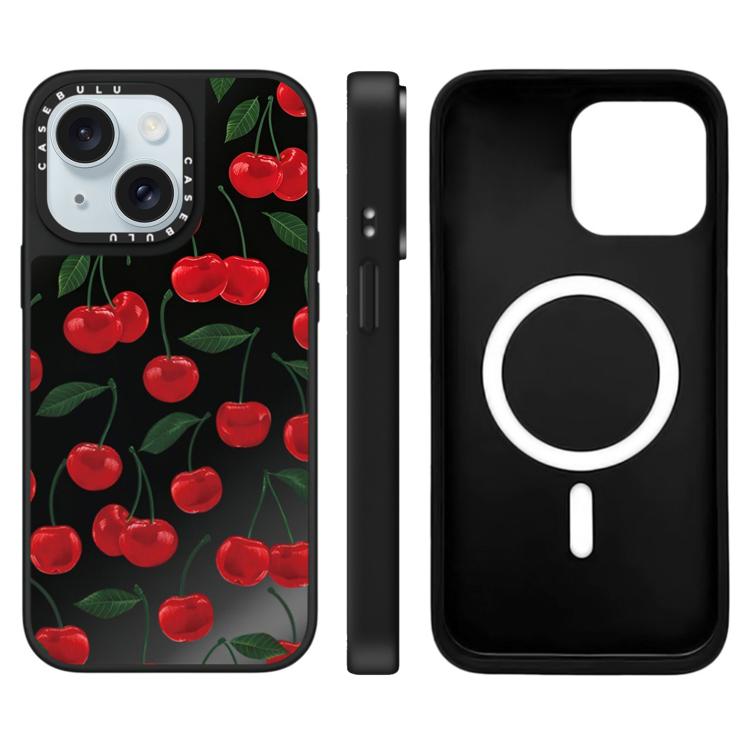 For iPhone 15 Leopard Cherry Series Pattern Mirror Magnetic Phone Case
