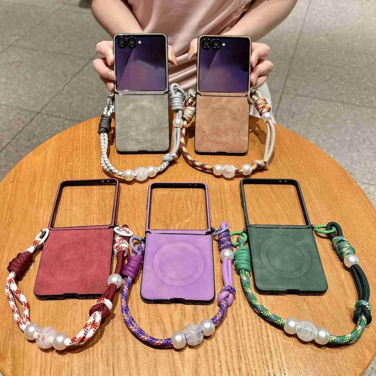For Galaxy Z Flip5 Vegan Leather Side Buckle Magnetic Shockproof Phone Case with Hand Strap