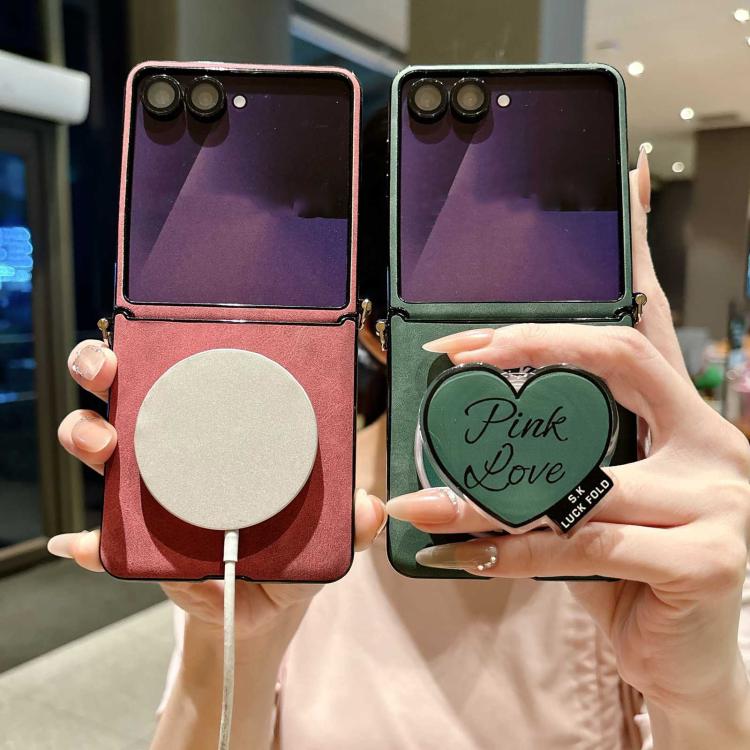 For Galaxy Z Flip5 Vegan Leather Side Buckle Magnetic Shockproof Phone Case with Hand Strap