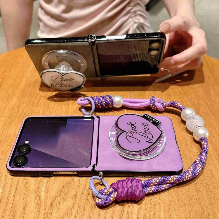 For Galaxy Z Flip6 / 7 FE Vegan Leather Side Buckle Magnetic Shockproof Phone Case with Hand Strap