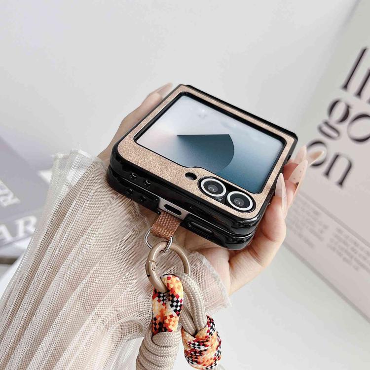 For Galaxy Z Flip6 / 7 FE Vegan Leather Dual Axis Magnetic Shockproof Phone Case with Hand Strap