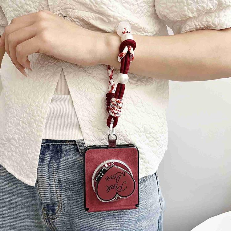 For Galaxy Z Flip7 5G Vegan Leather Dual Axis Magnetic Shockproof Phone Case with Hand Strap