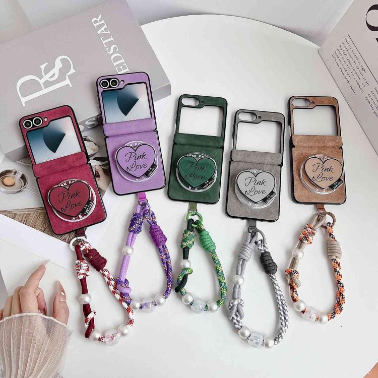 For Galaxy Z Flip5 Vegan Leather Dual Axis Magnetic Shockproof Phone Case with Hand Strap