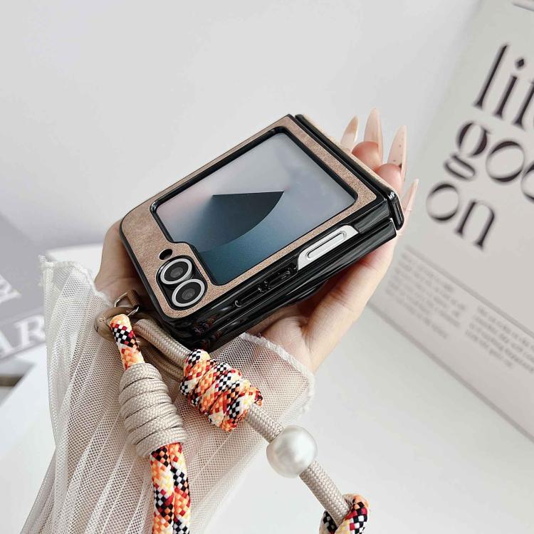 For Galaxy Z Flip5 Vegan Leather Dual Axis Magnetic Shockproof Phone Case with Hand Strap