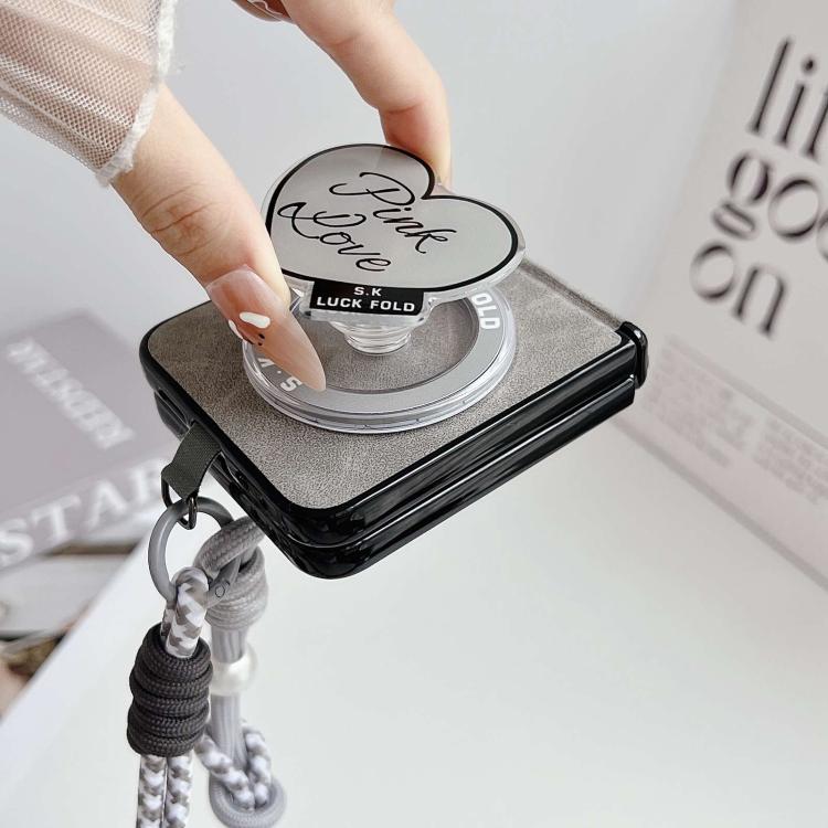 For Galaxy Z Flip5 Vegan Leather Dual Axis Magnetic Shockproof Phone Case with Hand Strap