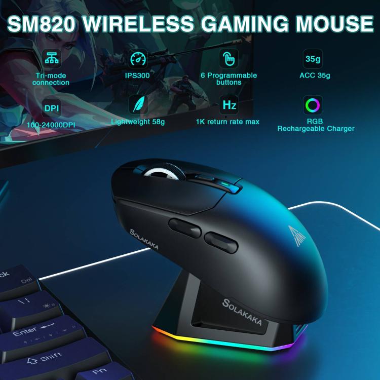 SOLAKAKA SM820 Tri-Mode 22000DPI 1000Hz Wireless Gaming Mouse with RGB Charging Dock