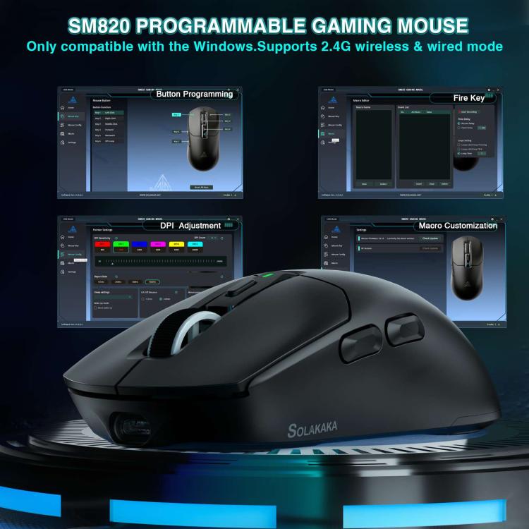 SOLAKAKA SM820 Tri-Mode 22000DPI 1000Hz Wireless Gaming Mouse with RGB Charging Dock