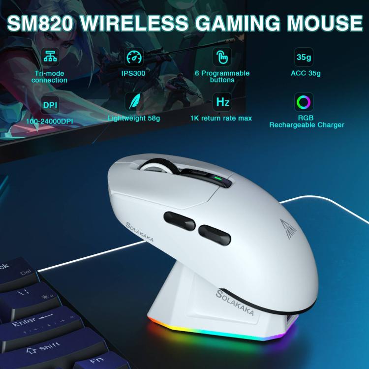 SOLAKAKA SM820 Tri-Mode 22000DPI 1000Hz Wireless Gaming Mouse with RGB Charging Dock
