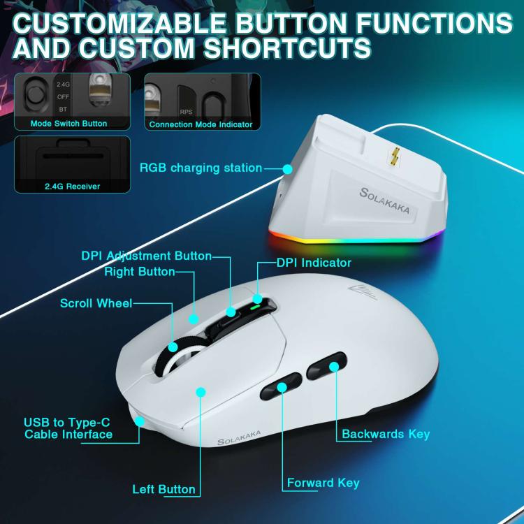 SOLAKAKA SM820 Tri-Mode 22000DPI 1000Hz Wireless Gaming Mouse with RGB Charging Dock
