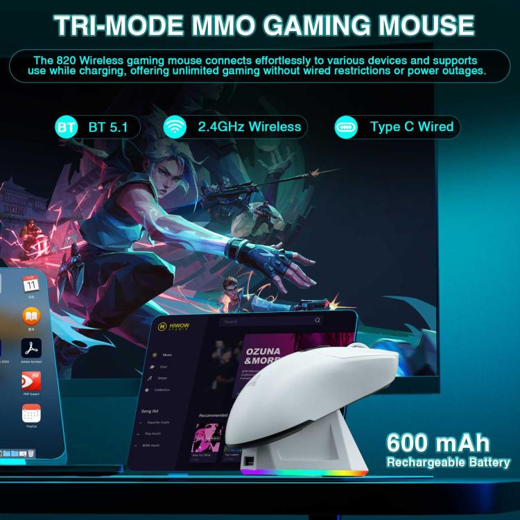 SOLAKAKA SM820 Tri-Mode 22000DPI 1000Hz Wireless Gaming Mouse with RGB Charging Dock