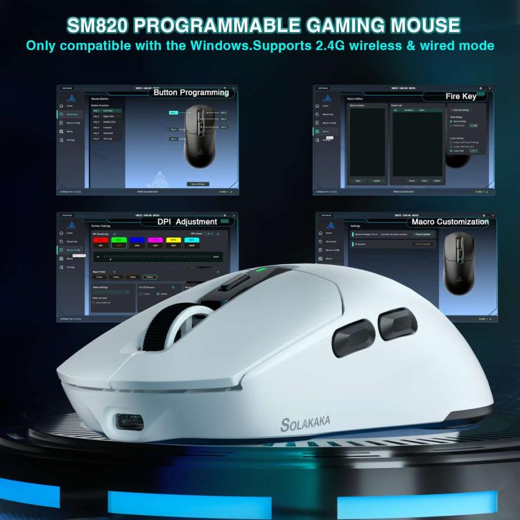 SOLAKAKA SM820 Tri-Mode 22000DPI 1000Hz Wireless Gaming Mouse with RGB Charging Dock