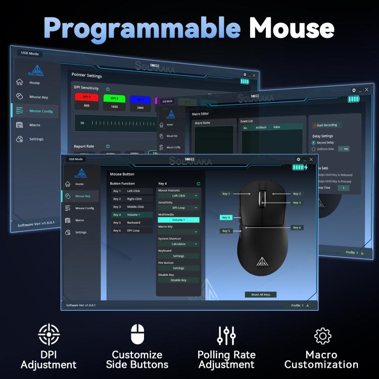 SOLAKAKA SM822 Tri-Mode 24000DPI 1000Hz Wireless Gaming Mouse with RGB Charging Dock