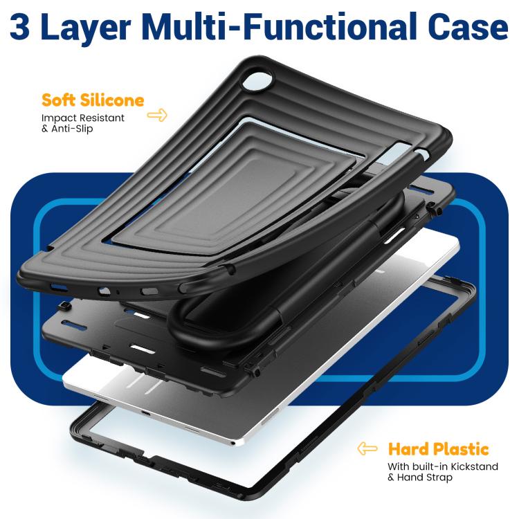 For Galaxy Tab A11+ / A9+ Handle Holder Ripple Silicone Hybrid PC Tablet Case with Shoulder Strap