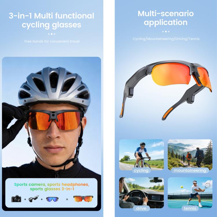 E08 13MP 1080P 30FPS  AI Cycling Smart Glasses with Voice / Calling - Black