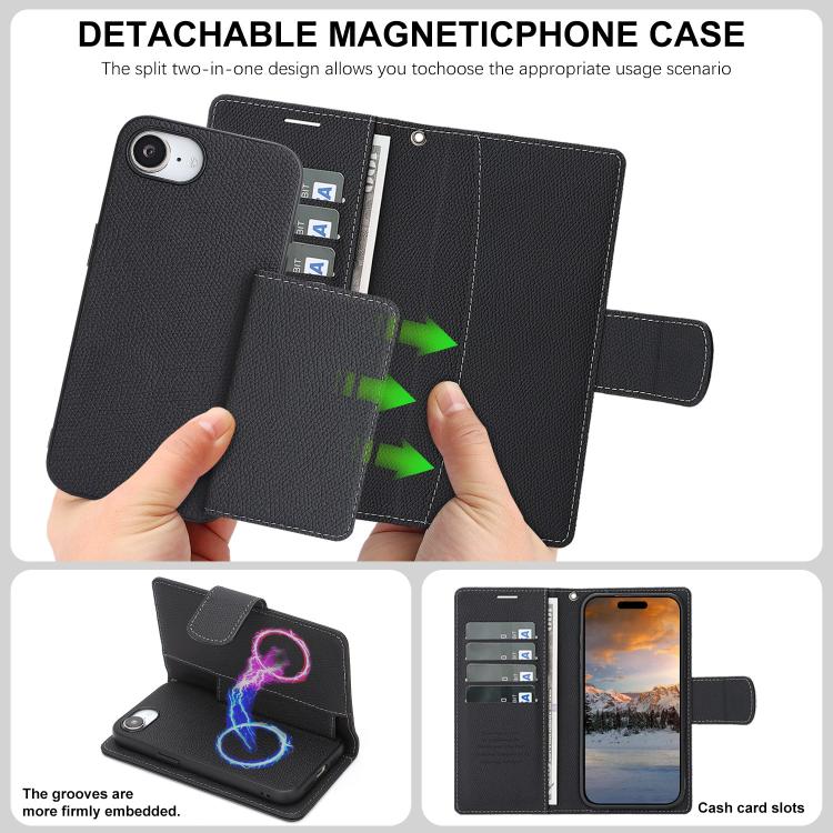For iPhone 17e / 16e Retro Litchi Texture Vegan Leather Magnetic Wallet Phone Case with Wrist Strap