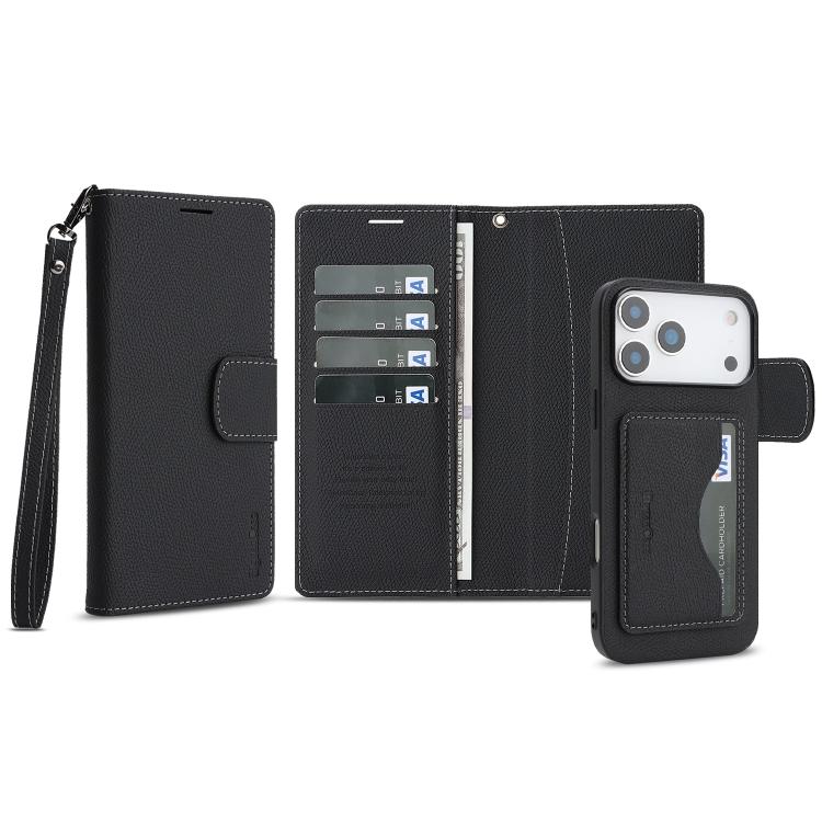 For iPhone 17 Pro Max Retro Litchi Texture Vegan Leather Magnetic Wallet Phone Case with Wrist Strap