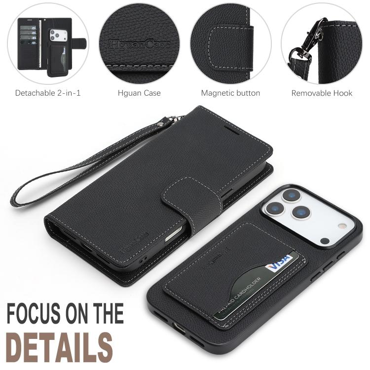 For iPhone 17 Pro Max Retro Litchi Texture Vegan Leather Magnetic Wallet Phone Case with Wrist Strap