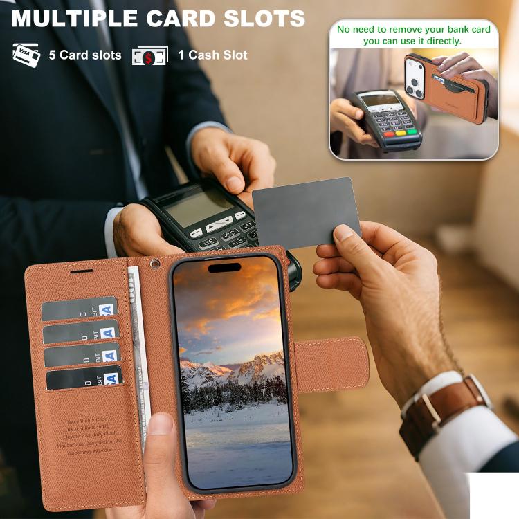 For iPhone 17 Pro Max Retro Litchi Texture Vegan Leather Magnetic Wallet Phone Case with Wrist Strap