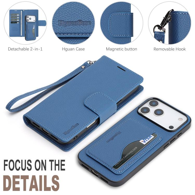 For iPhone 17 Pro Max Retro Litchi Texture Vegan Leather Magnetic Wallet Phone Case with Wrist Strap