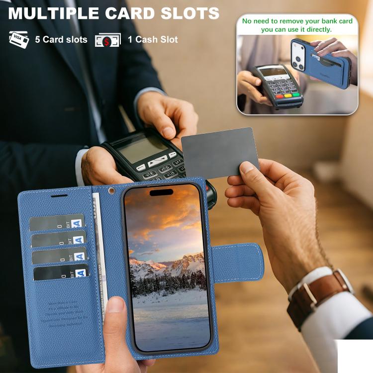 For iPhone 17 Pro Max Retro Litchi Texture Vegan Leather Magnetic Wallet Phone Case with Wrist Strap