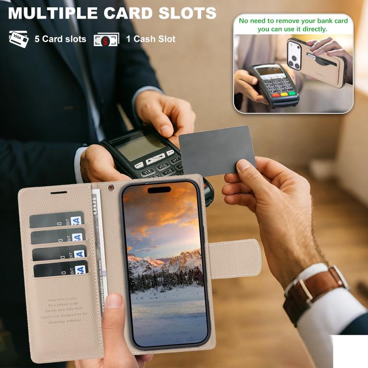 For iPhone 17 Pro Max Retro Litchi Texture Vegan Leather Magnetic Wallet Phone Case with Wrist Strap