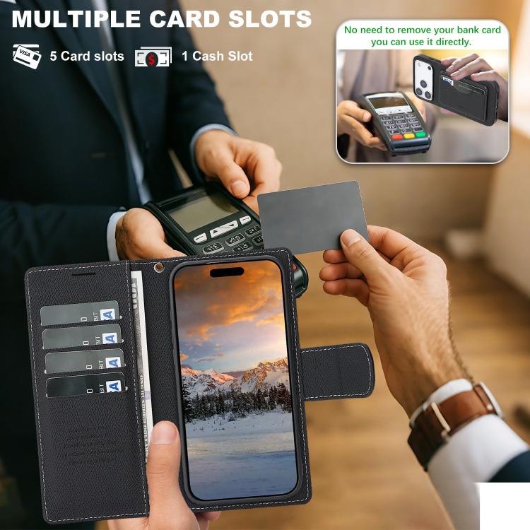 For iPhone 17 Pro Retro Litchi Texture Vegan Leather Magnetic Wallet Phone Case with Wrist Strap