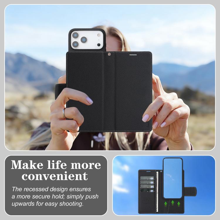 For iPhone 17 Pro Retro Litchi Texture Vegan Leather Magnetic Wallet Phone Case with Wrist Strap