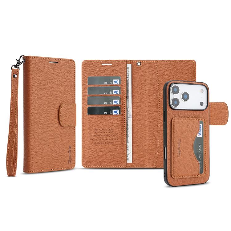 For iPhone 17 Pro Retro Litchi Texture Vegan Leather Magnetic Wallet Phone Case with Wrist Strap