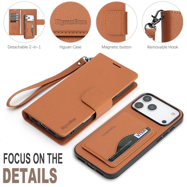 For iPhone 17 Pro Retro Litchi Texture Vegan Leather Magnetic Wallet Phone Case with Wrist Strap