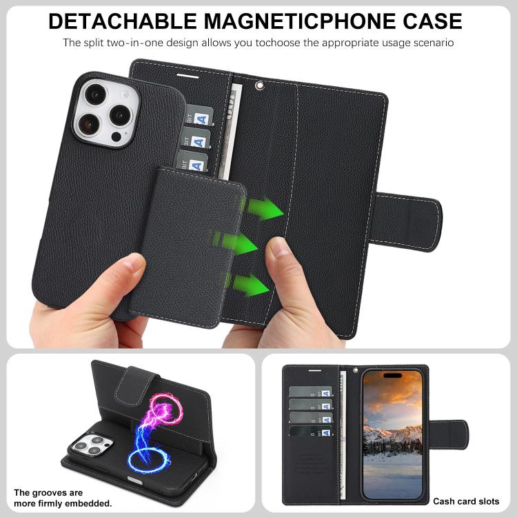For iPhone 16 Pro Max Retro Litchi Texture Vegan Leather Magnetic Wallet Phone Case with Wrist Strap