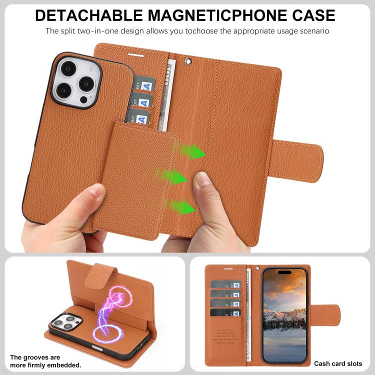 For iPhone 16 Pro Max Retro Litchi Texture Vegan Leather Magnetic Wallet Phone Case with Wrist Strap