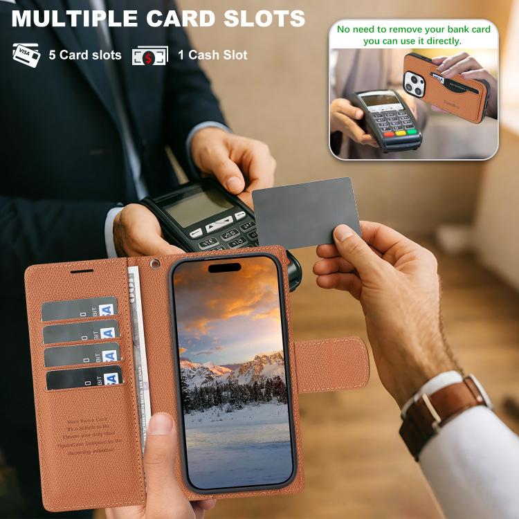 For iPhone 16 Pro Max Retro Litchi Texture Vegan Leather Magnetic Wallet Phone Case with Wrist Strap