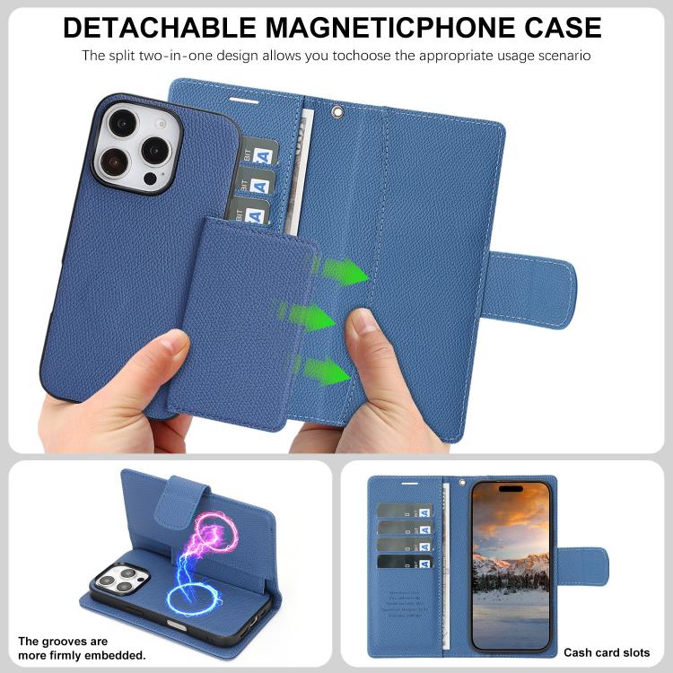 For iPhone 16 Pro Max Retro Litchi Texture Vegan Leather Magnetic Wallet Phone Case with Wrist Strap