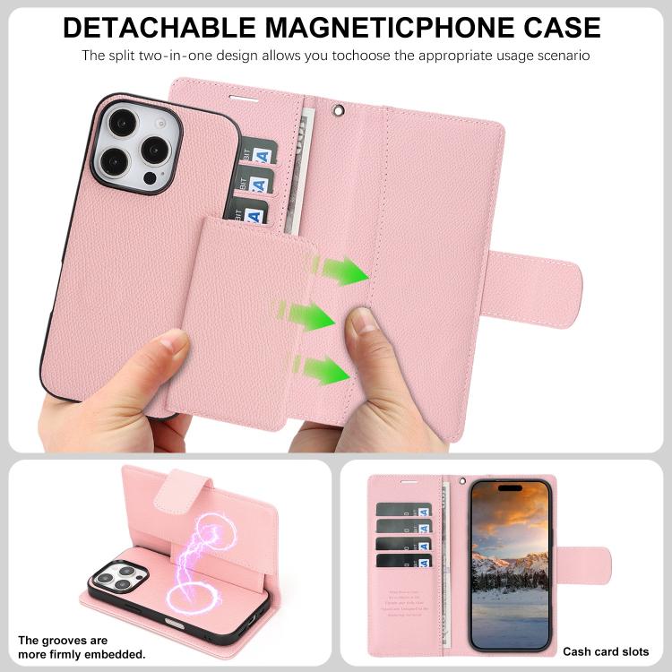 For iPhone 16 Pro Max Retro Litchi Texture Vegan Leather Magnetic Wallet Phone Case with Wrist Strap
