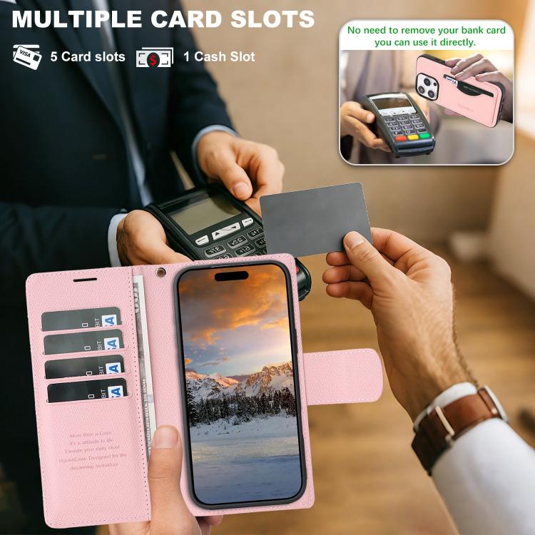 For iPhone 16 Pro Max Retro Litchi Texture Vegan Leather Magnetic Wallet Phone Case with Wrist Strap