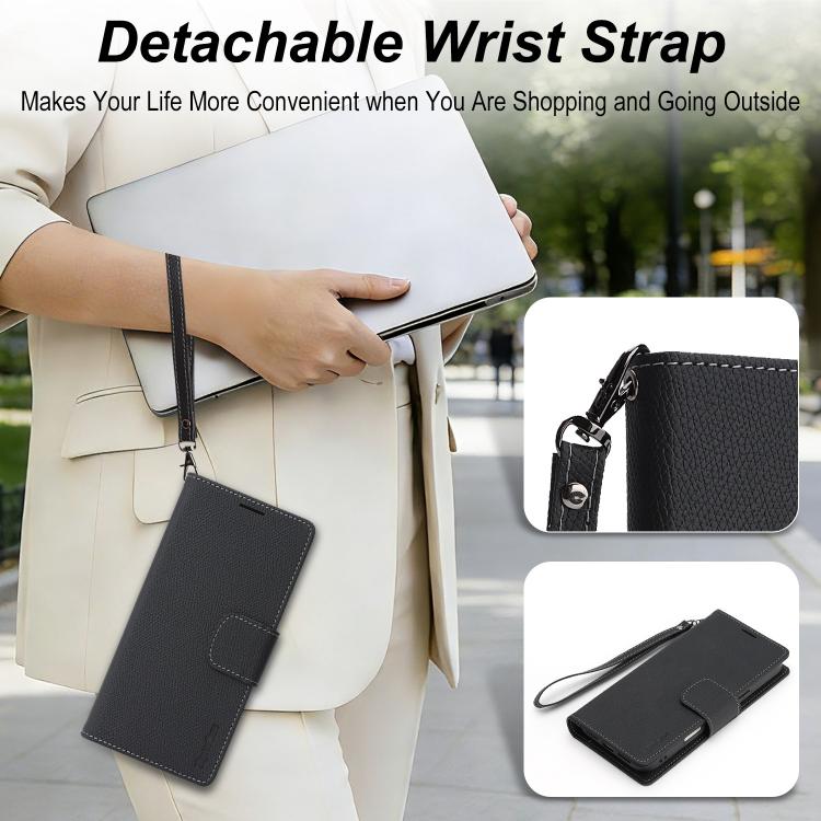 For iPhone 16 Pro Retro Litchi Texture Vegan Leather Magnetic Wallet Phone Case with Wrist Strap